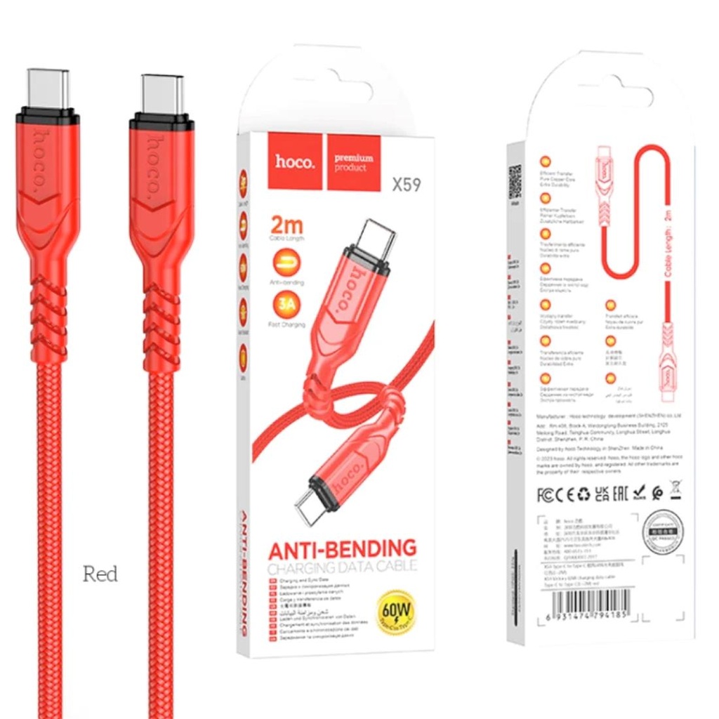 Cable USB-C a USB-C 2 metros 60W Hoco X59 Victory Rojo