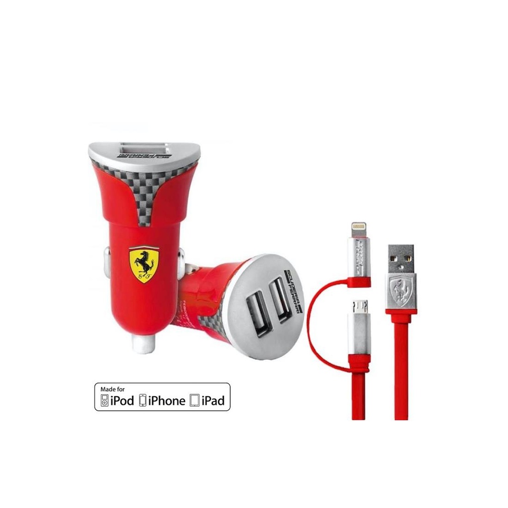 Cargador Coche USB 12-24v 2.4Amp + Lightning Ferrari FEBCCCBUNRE Rojo