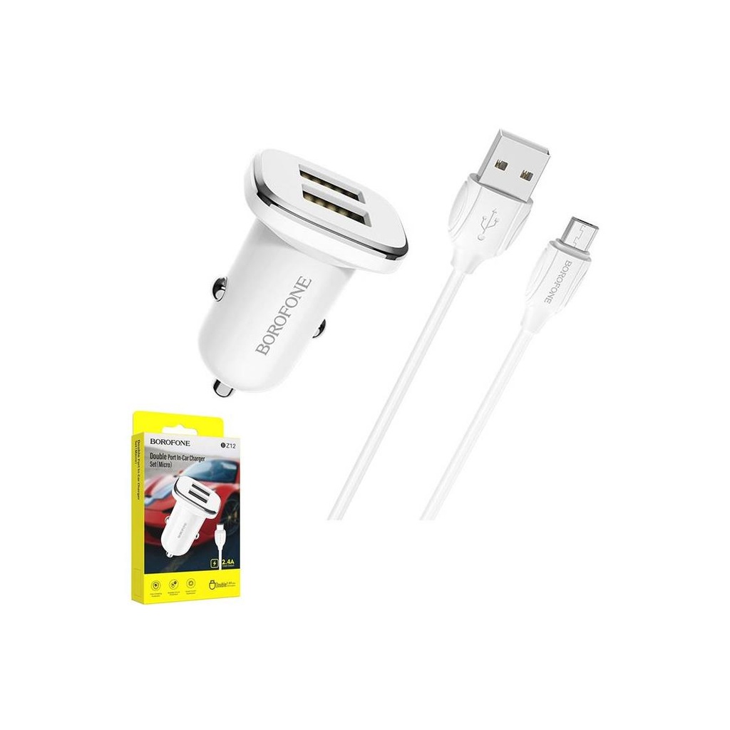 Cargador Coche USB 2.4Amp+ Cable USB a Micro BOROFONE BZ12 Blanco