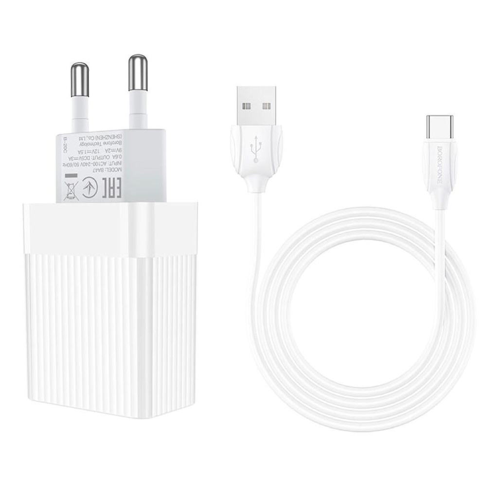 Cargador USB 18W+ Cable USB a USB-C Borofone BA47A Blanco