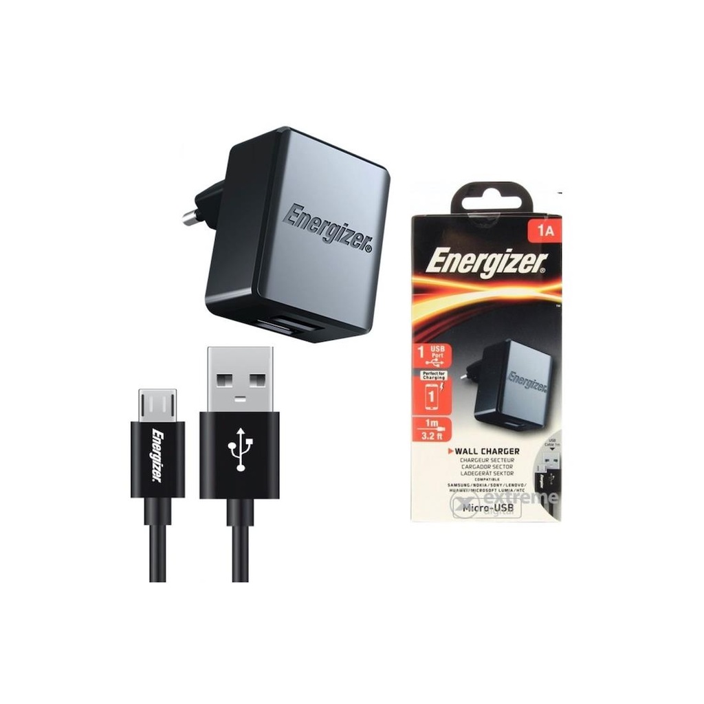 Cargador USB 1Amp + Cable USB a MICRO ENERGIZER ACA1AEUCMC3