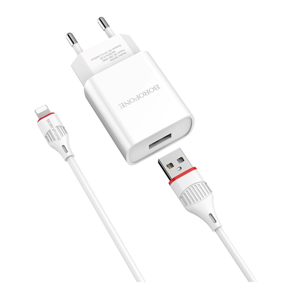 Cargador USB 2.1Amp + Cable USB a Lightning Borofone Ba20A Blanco