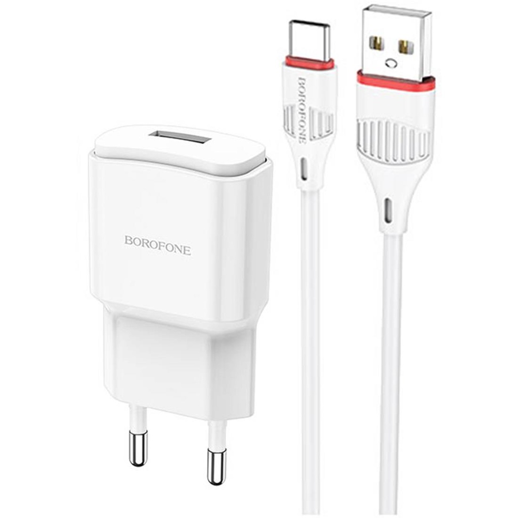 Cargador USB 2.1Amp + Cable USB a USB-C Borofone BA48A Blanco