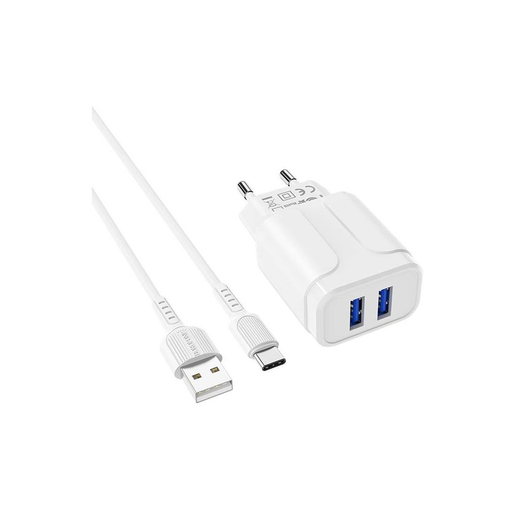 Cargador USB 2.4Amp + Cable USB a USB-C Borofone BA37A Blanco