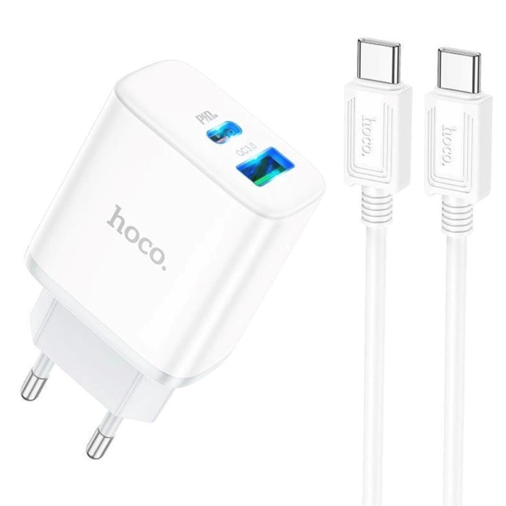 Cargador USB y USB-C 20W + Cable USB-C a USB-C Hoco C105A Blanco