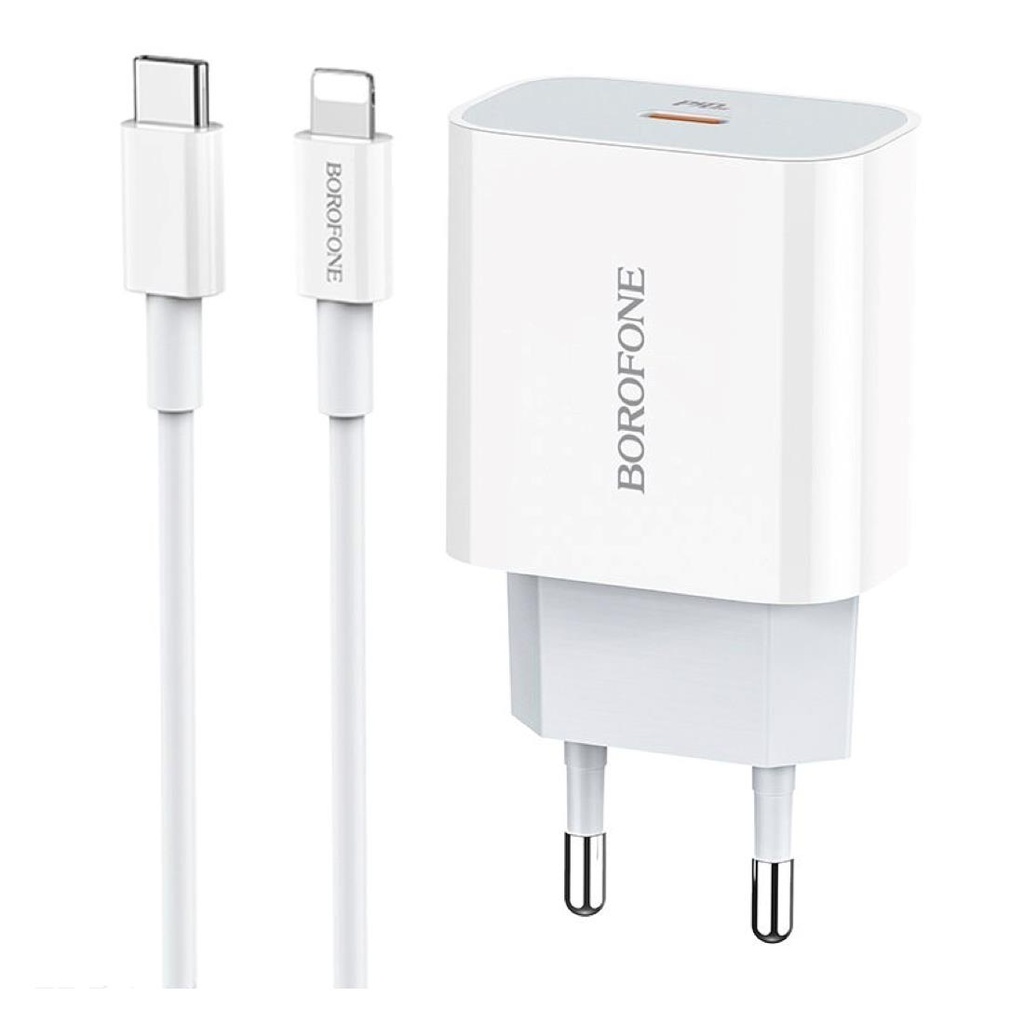 Cargador USB-C 20W + Cable USB-C a Lightning Borofone BA38A Plus Blanco