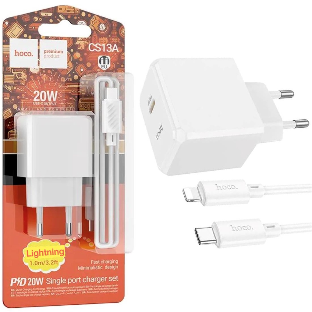 Cargador USB-C 20W+ Cable USB-C a Lightning Hoco CS13A Blanco