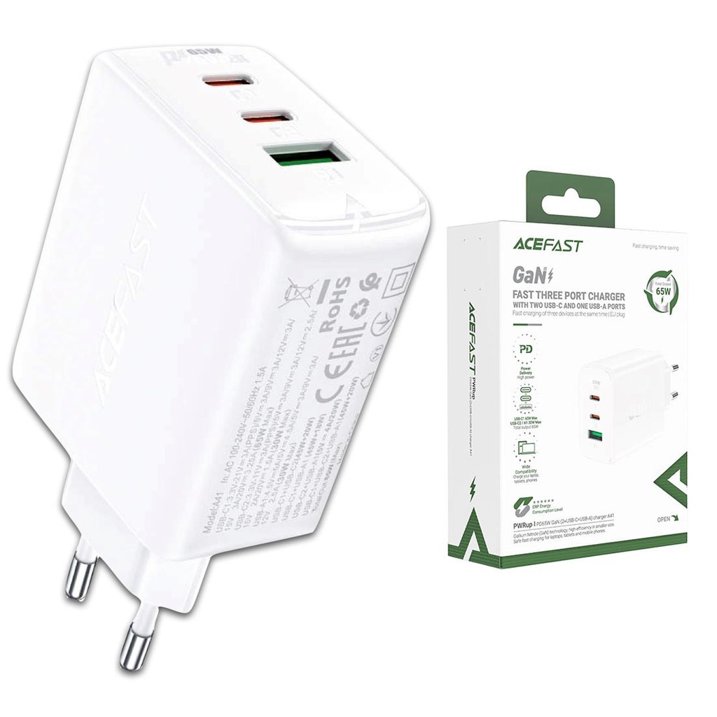 Cargador USB-C y USB 65W Acefast A41 Blanco