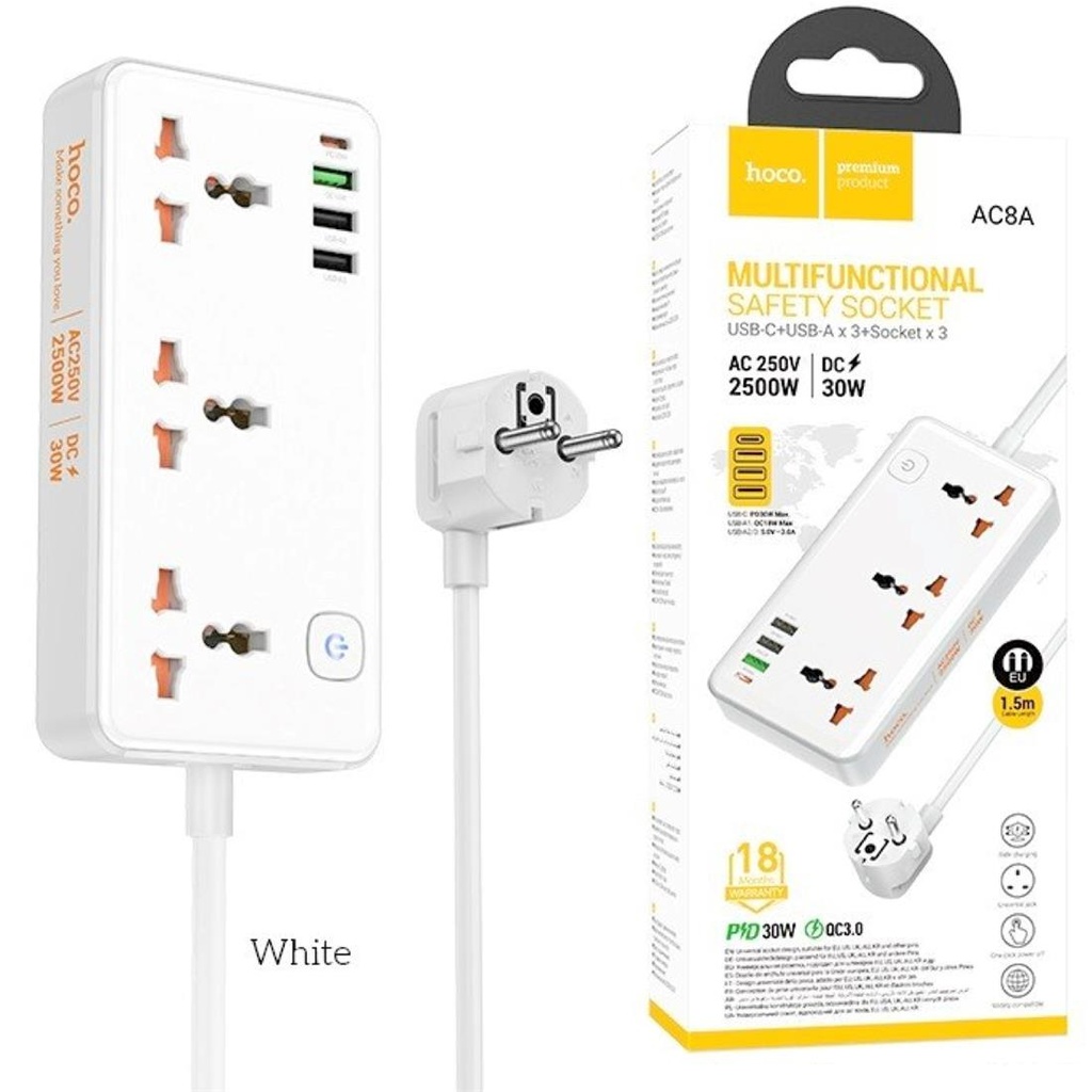 Hoco AC8A Regleta Multipaís con salidas USB 30W Blanco