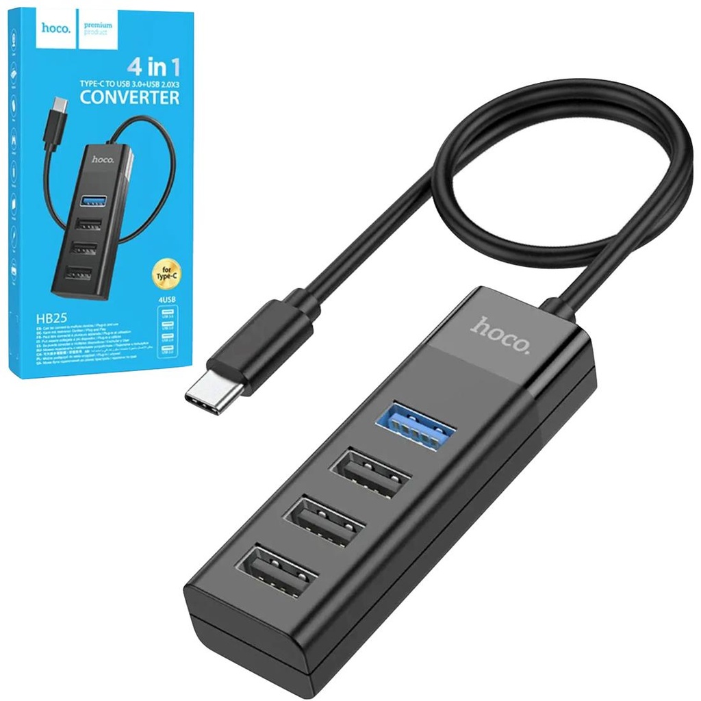 Hoco HB25 Hub USB-C con 4 Puertos (1x USB 3.0 y 2x USB 2.0)  Negro