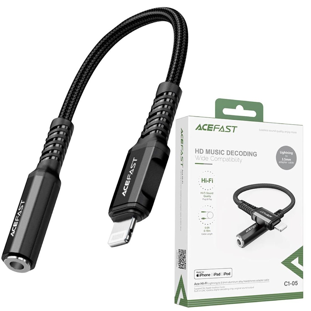 Cable Adaptador Auricular 3.5mm - Lightning 0.18 m Acefast C1-05 Reforzado Negro