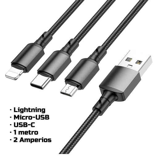 [4040300704] Cable USB a Lightning+ USB-C + Micro 1 metro Borofone BX72 Negro