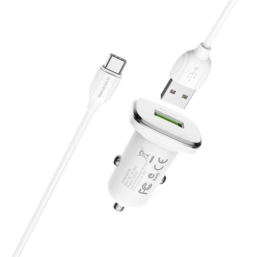 [4040300634] Cargador Coche USB 2.4Amp+ Cable USB a USB-C Borofone BZ12A Blanco