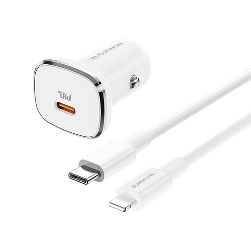 [4040300635] Cargador Coche USB-C 18W+ Cable USB-C- a Lightning Borofone BZ12B Blanco