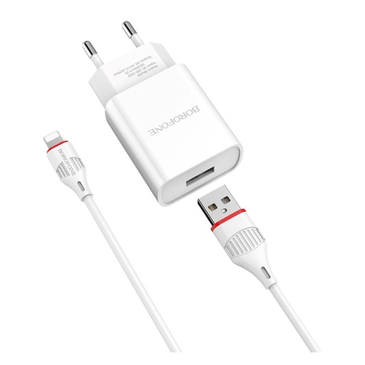 [4040300364] Cargador USB 2.1Amp + Cable USB a Lightning Borofone Ba20A Blanco