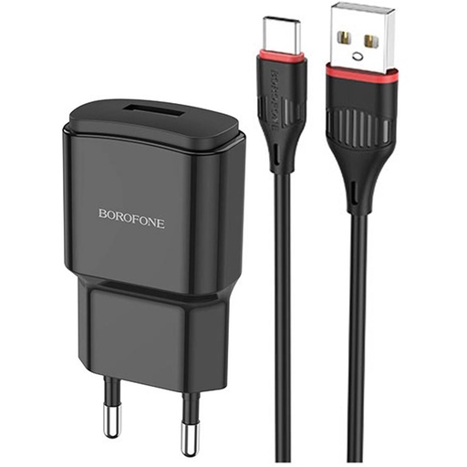 [4040300582] Cargador USB 2.1Amp + Cable USB a USB-C Borofone BA48A Negro