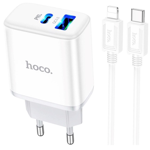 [4040300856] Cargador USB y USB-C 20W+ Cable USB a Lightning Hoco C105A Blanco