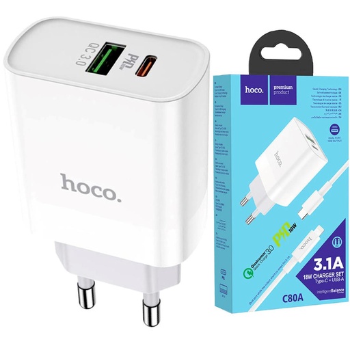 [4040300854] Cargador USB y USB-C 20W+ Cable USB-C a Lightning Hoco C80A Blanco