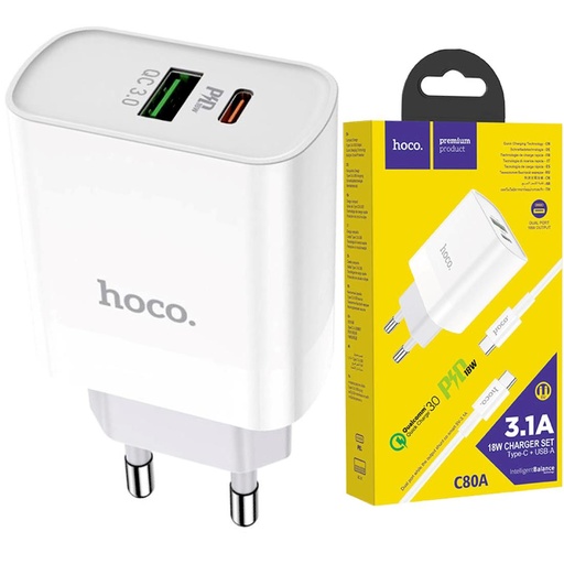 [4040300855] Cargador USB y USB-C 20W+ Cable USB-C a USB-C Hoco C80A Blanco