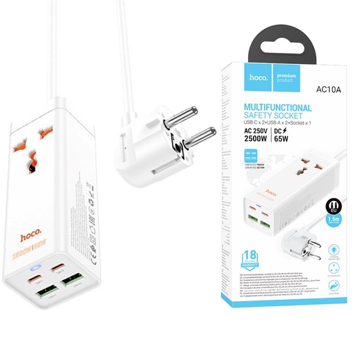 [4040300887] Cargador USB y USB-C 65W entrada Multipaís Hoco AC10A Blanco