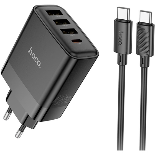 [4040300997] Cargador USB+ USB-C four-port PD45W + Cable USB-C a USB-C Hoco 127A Black