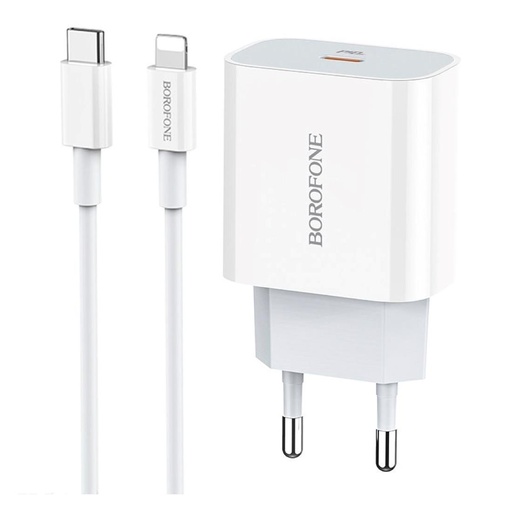 [4040300511] Cargador USB-C 20W + Cable USB-C a Lightning Borofone BA38A Plus Blanco