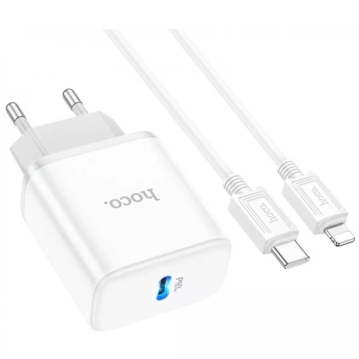 [4040300701] Cargador USB-C 20W+ Cable USB-C a Lightning Hoco C104A Blanco