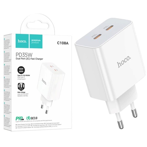 [4040300949] Cargador USB-C 35W X2 Hoco C108A Blanco