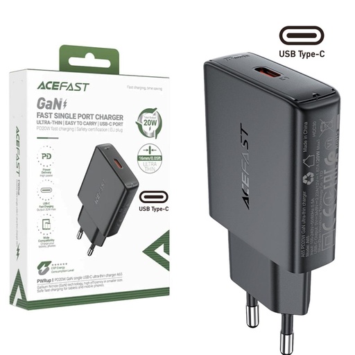 [4040301020] Cargador USB-C Acefast A65 PD20W GaN Ultra Plano Negro