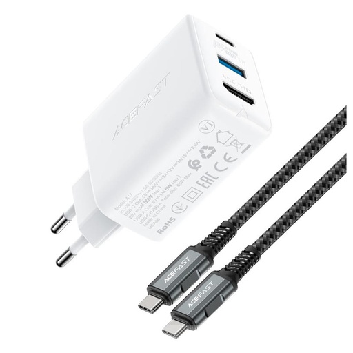 [4040300672] Cargador USB-C- USB y HDMI 65W+ Cable USB-C Acefast A17 Blanco