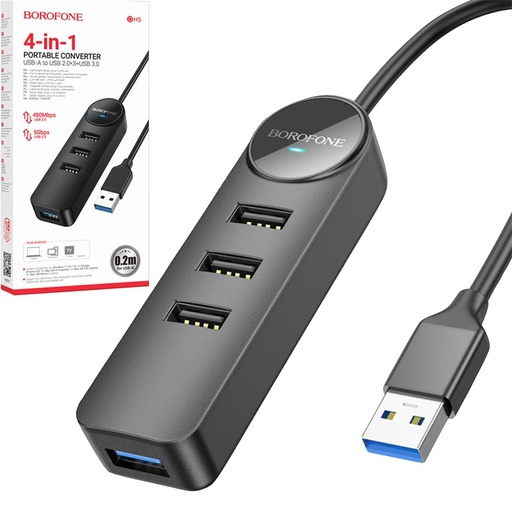 [4040300922] Borofone DH5 Hub USB con 4 puertos 3.0 5 Gbps y cable de 1.2 metros