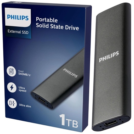 [4030600415] Disco SSD Philips Externo 1TB USB-C/USB 3.0 540MB Ultra Slim Gris