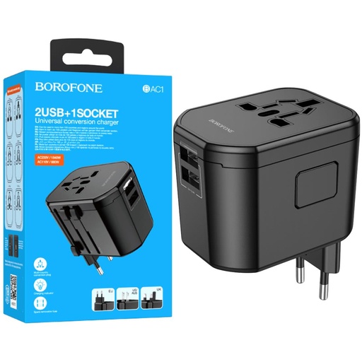 [4040300948] Borofone BAC1 Adaptador y Cargador Mundial con 2x USB