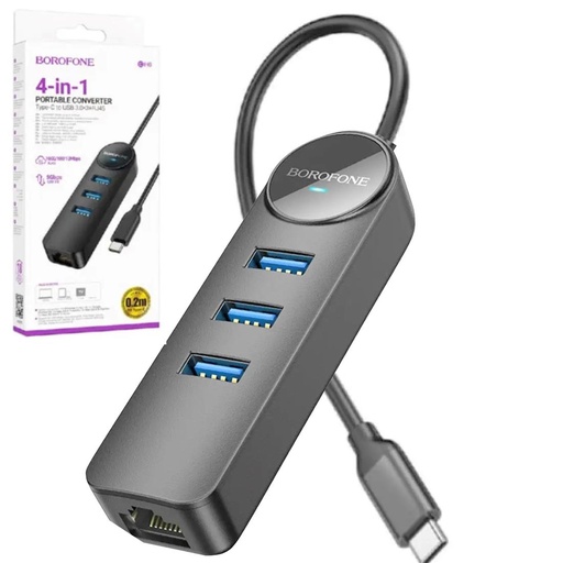 [4040300923] Borofone DH6 Hub USB-C con 3 puertos USB 3.0 y RJ45 1000/100