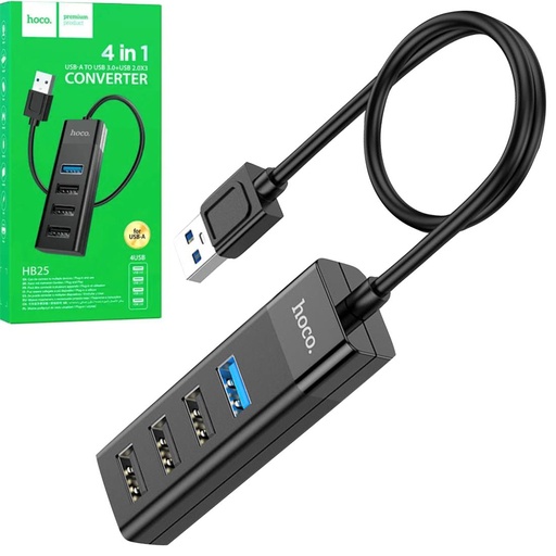 [4040300914] Hoco HB25 Hub USB con 4 Puertos (1x USB 3.0 y 2x USB 2.0) Negro