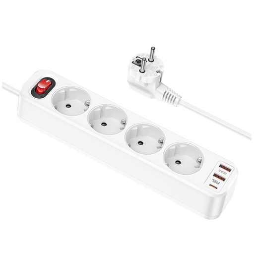 [4040300654] Hoco NS1 Regleta 4 Tomas con 2x USB 18w y USB-C 20w Blanco